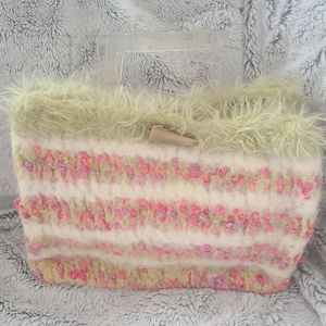 Vintage Y2K Wooley & Co Women's Wool Purse Bag Wooden Handles Yellow Pink White